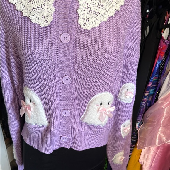 Sweet Society Hot Topic Pastel Lavender Purple Ghost Button Up Cardigan M - Picture 3 of 6